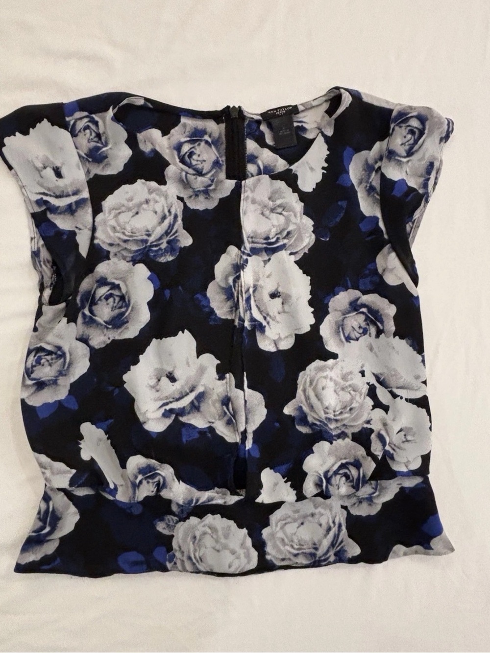 Ann Taylor Black Floral Cap-Sleeve Blouse with Blue Accents